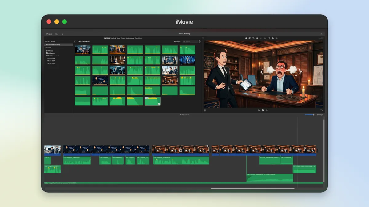 The same iMovie editing project polished with ScreenPolish, with a soft gradient background, spacing, rounded corners and a shadow